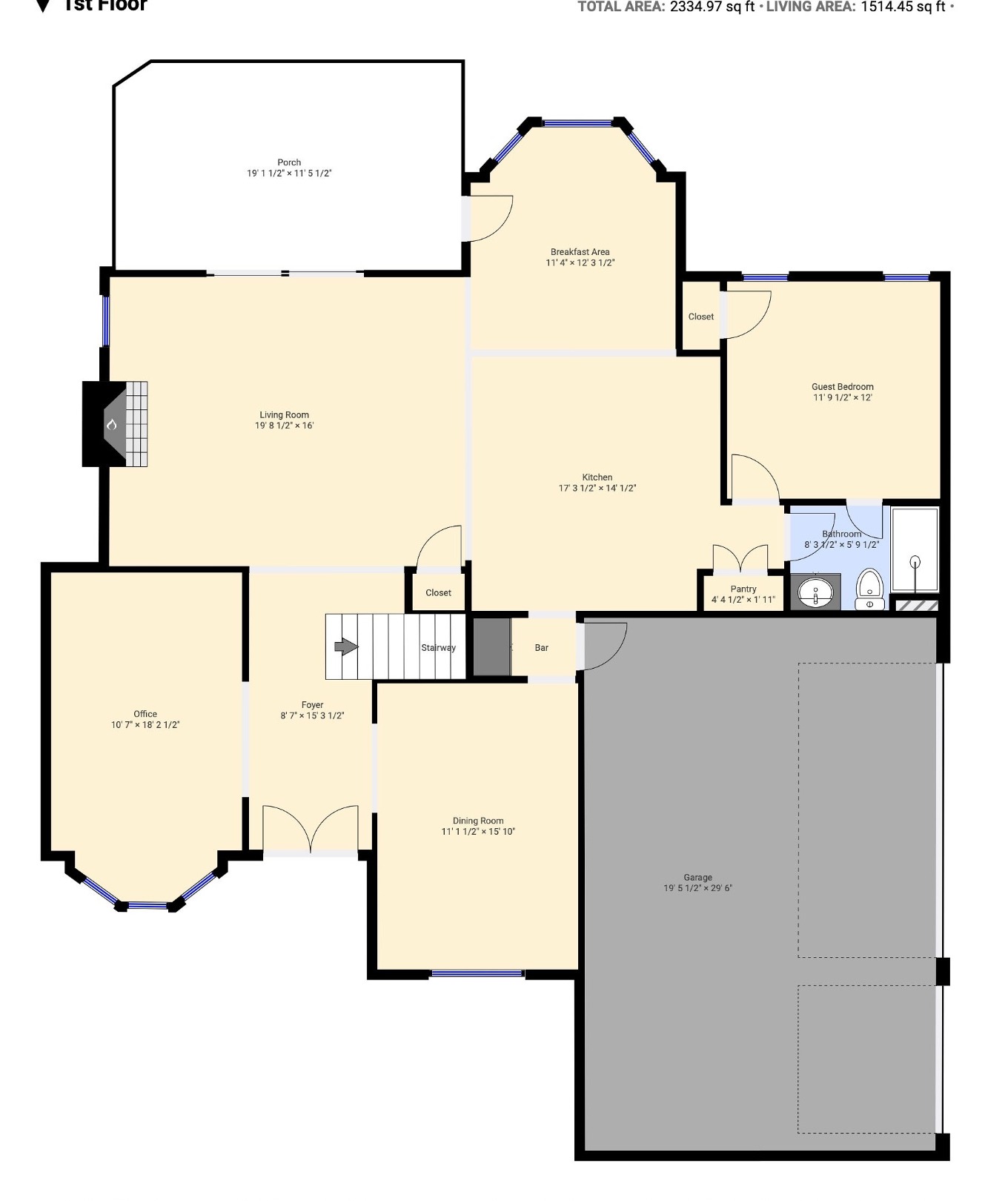 First floor plan showing living room, kitchen, breakfast area, screened porch, guest bedroom, dining room, office, foyer, and three-car garage.